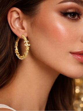 Gold Crystal Branded Floral Hoop Earrings